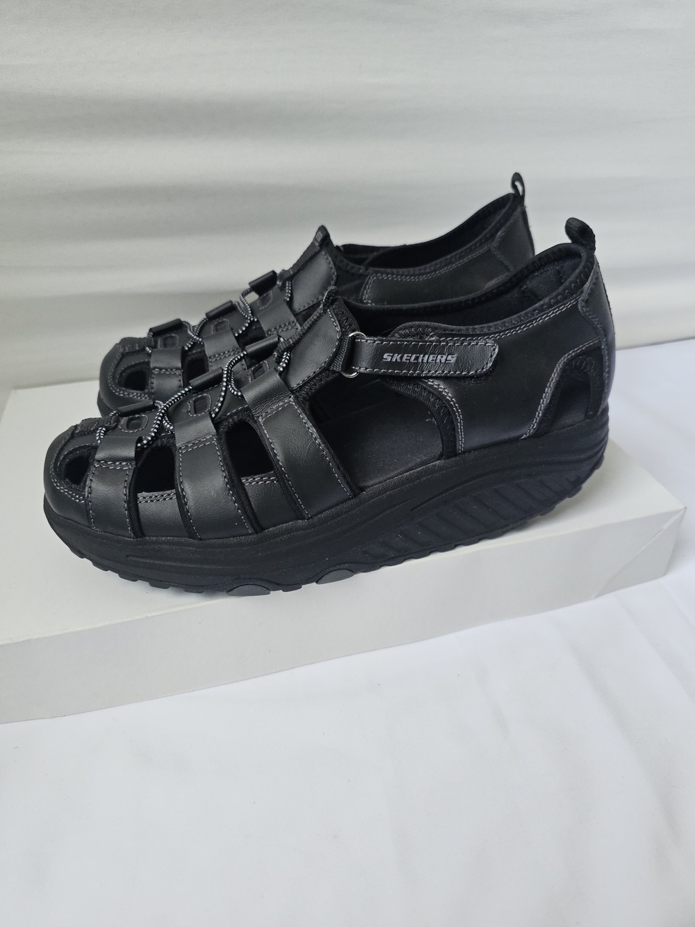 Skechers Shape-ups Trim Step Fisherman Sandals - Black Leather - Size 10 - Picture 3 of 16